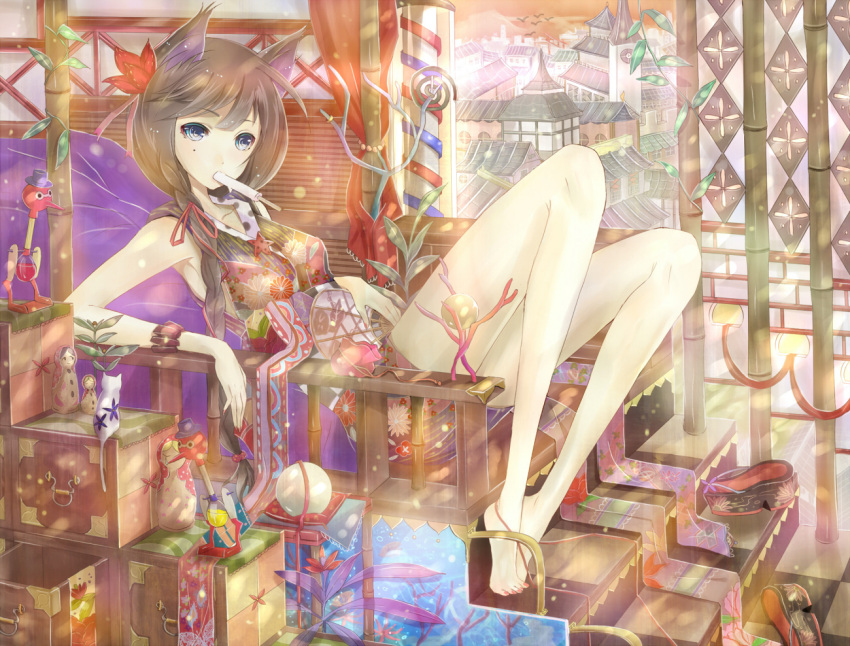 bamboo barefoot bird blue_eyes brown_hair cityscape colorful doll drinking_bird east_asian_architecture eating fan flower food fox_ears hair_flower hair_ornament japanese_architecture japanese_clothes legs long_hair matryoshka_doll on_back original paper_fan ponytail popsicle ribbon sandals sitting solo stairs yuna_(rutera)