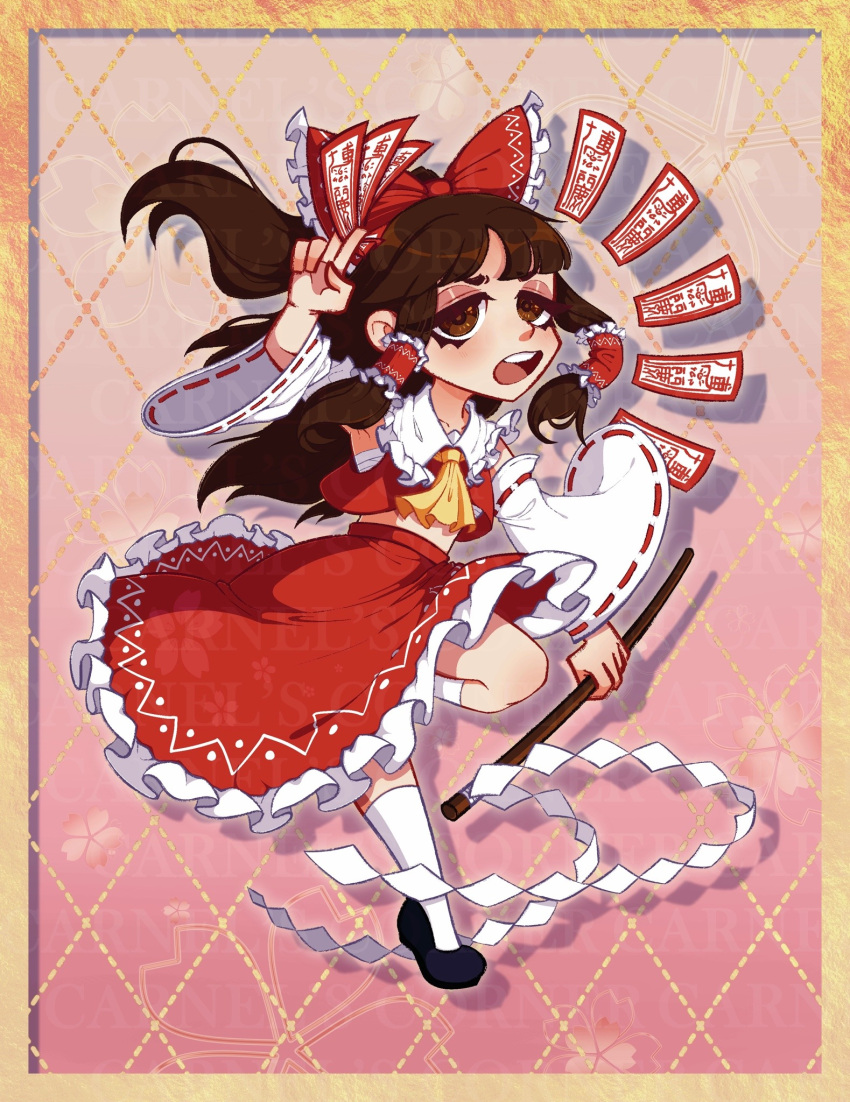 1girl ascot between_fingers black_footwear border bow brown_eyes brown_hair carnelscorner chibi collared_shirt commentary commission detached_sleeves english_commentary frilled_bow frilled_hair_tubes frilled_shirt_collar frilled_skirt frills full_body gohei gradient_background hair_bow hair_tubes hakurei_reimu highres holding holding_gohei long_hair open_mouth red_background red_bow red_shirt red_skirt sarashi shirt skirt sleeveless sleeveless_shirt socks solo teeth touhou upper_teeth_only white_socks yellow_ascot yellow_border