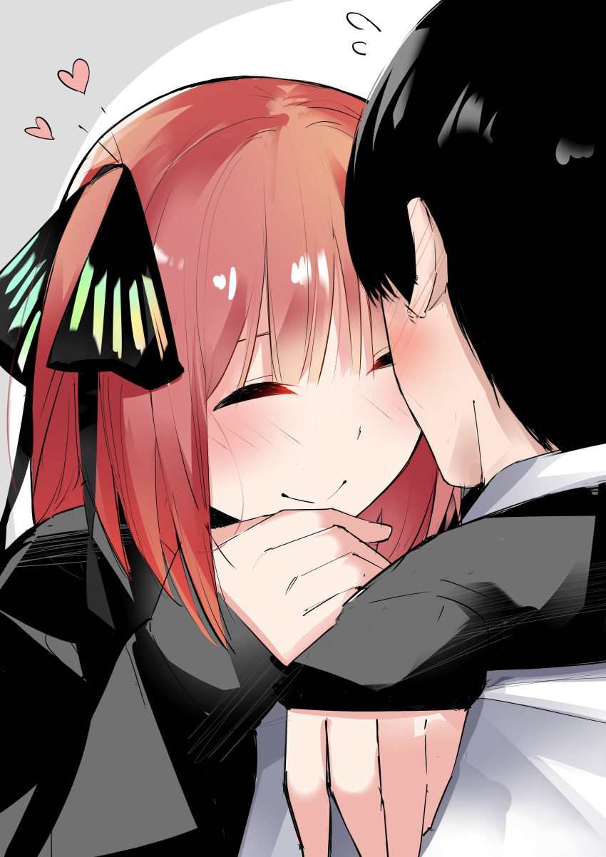 1boy 1girl ^_^ absurdres arms_around_neck black_cardigan black_hair black_ribbon blunt_bangs blush butterfly_hair_ornament cardigan close-up closed_eyes closed_mouth commentary_request couple ear_blush facing_another flying_sweatdrops go-toubun_no_hanayome hair_ornament hair_ribbon happy heart hetero highres hug mame1645 medium_hair nakano_nino redhead ribbon short_hair shy simple_background sleeves_past_wrists smile solo_focus straight_hair two_side_up uesugi_fuutarou white_background