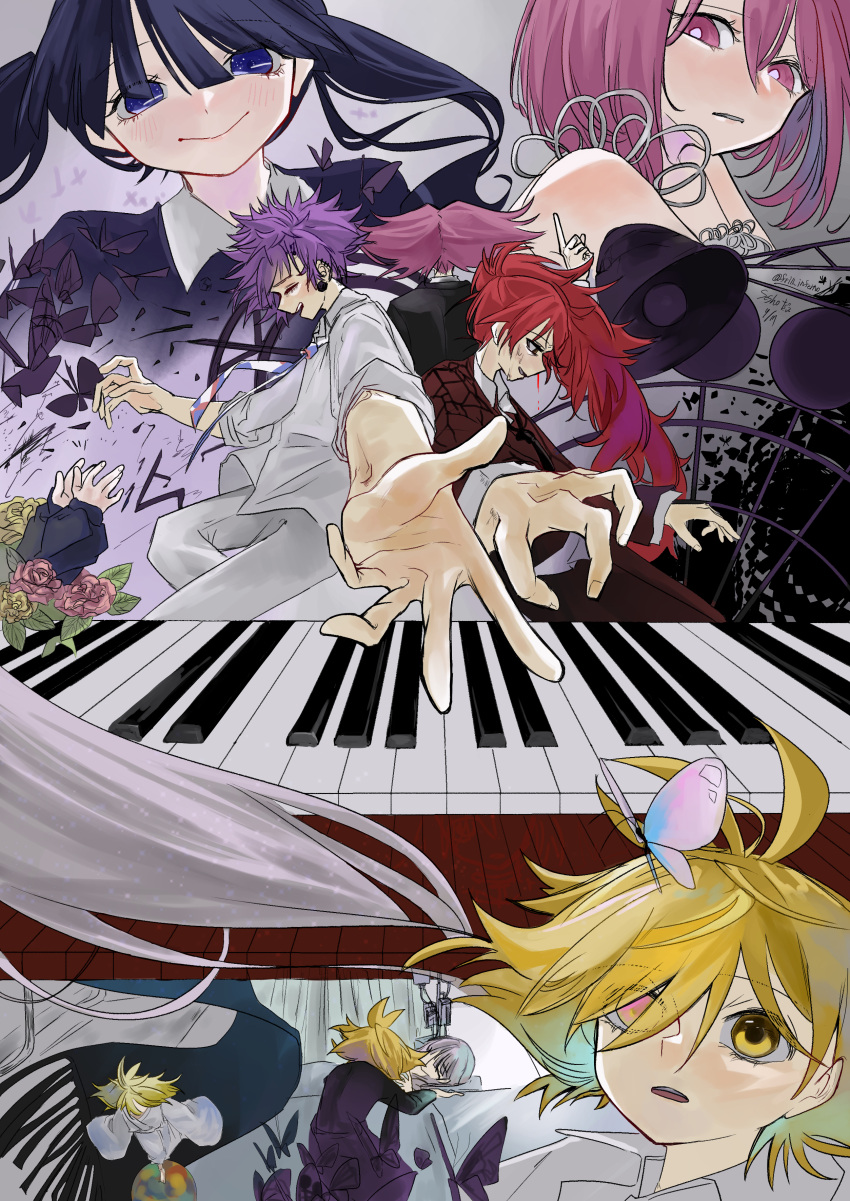 3girls 4boys absurdres aged_down ahoge black_butterfly black_hair blonde_hair blue_eyes bug butterfly flower foreshortening frill_inferno furusu_ako grey_hair heterochromia highres hino_sadame instrument intravenous_drip mother_and_son multiple_boys multiple_girls otogami_don otogami_fanta piano pink_eyes pink_hair pppppp purple_hair redhead smile sonoda_lucky twintails yamanaka_meloli