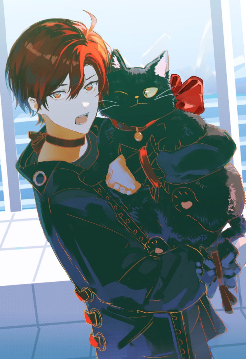 1boy absurdres animal animal_hands backlighting black_cat black_coat black_hair cat cat_paws coat collar cowlick fangs frilled_sleeves frills hair_between_eyes highres holding holding_animal holding_cat holostars holostars_english lau_135 long_sleeves looking_at_another looking_at_viewer machina_x_flayon male_focus neck_ribbon one_eye_closed open_mouth red_collar red_eyes red_ribbon redhead ribbon short_hair standing upper_body virtual_youtuber