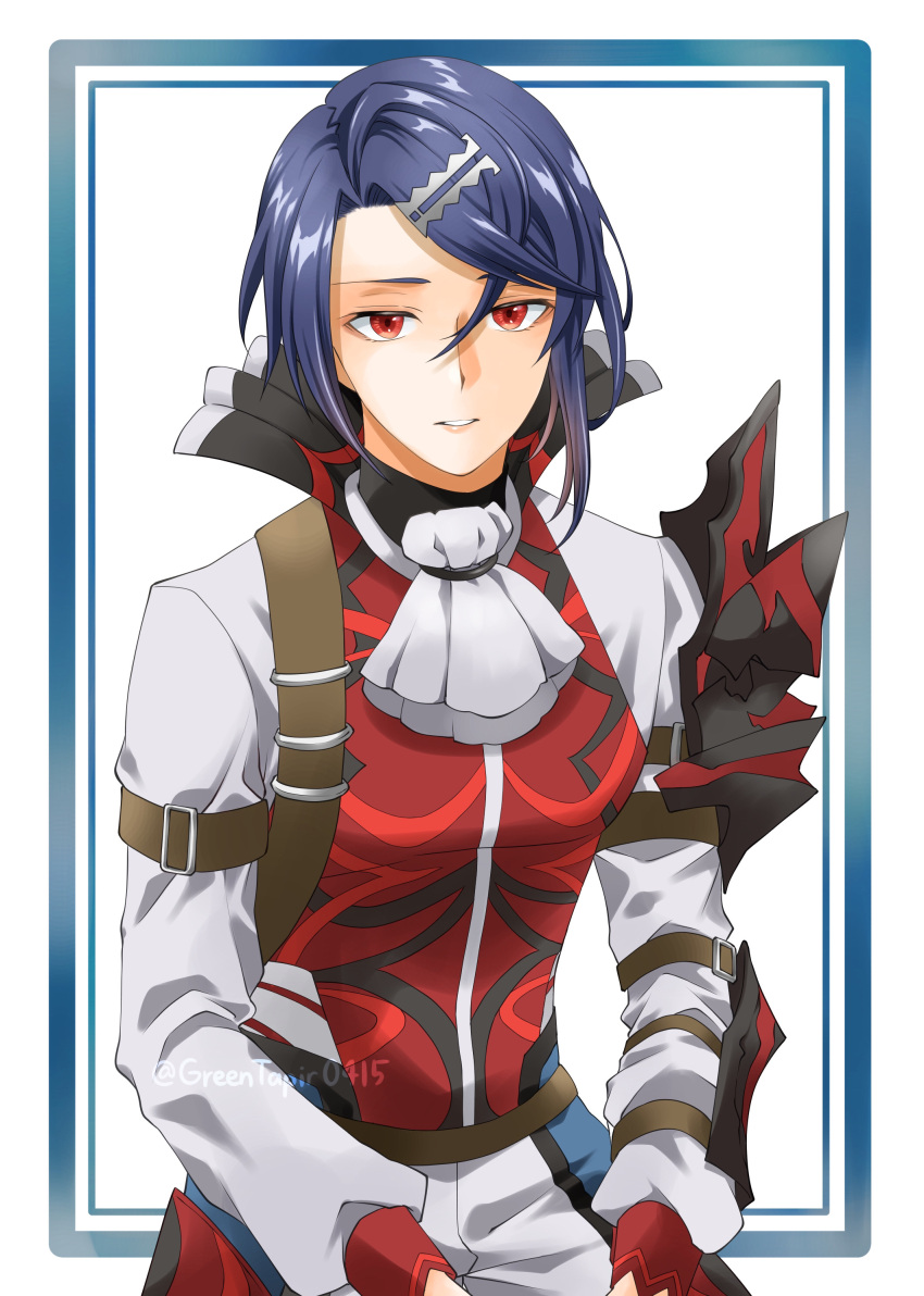 1boy absurdres alcryst_(fire_emblem) arm_guards armor ascot blue_border blue_hair border commentary_request crossed_bangs fire_emblem fire_emblem_engage grey_sleeves hair_between_eyes hair_ornament hairclip highres long_sleeves looking_at_viewer male_focus midori_no_baku red_eyes red_sleeves red_vest shirt short_hair shoulder_armor sidelocks solo standing swept_bangs vest white_ascot white_background white_shirt