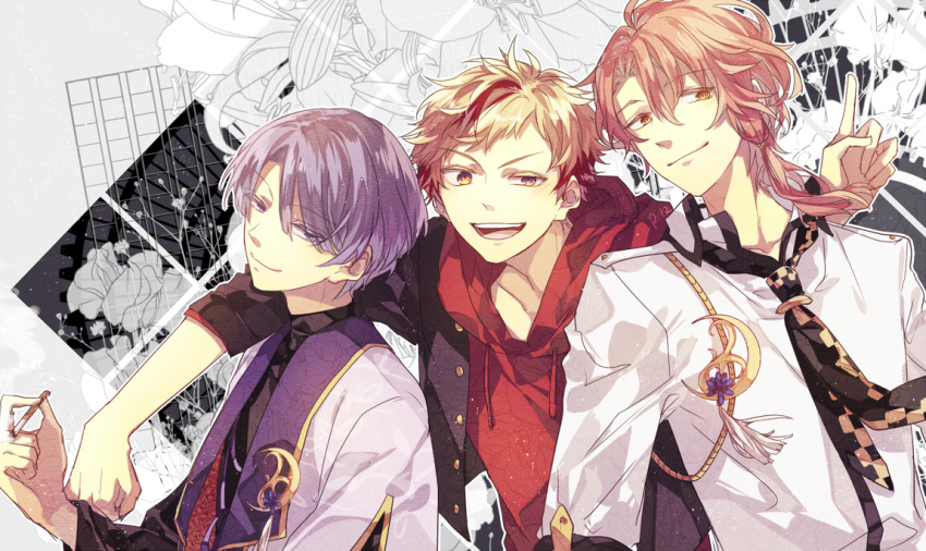 3boys :d arm_around_shoulder asymmetrical_hair black_jacket black_necktie black_shirt blonde_hair bungou_to_alchemist checkered_necktie cigarette clenched_hand closed_mouth collared_shirt crescent crescent_pin cropped_jacket curtained_hair drawstring floral_background genkou_youshi grey_background hair_between_eyes hair_over_one_eye holding holding_cigarette hood hood_down hoodie index_finger_raised ishikawa_takuboku_(bungou_to_alchemist) jacket kitahara_hakushuu_(bungou_to_alchemist) layered_sleeves long_sleeves looking_at_viewer looking_to_the_side low_tied_sidelocks male_focus medium_hair multicolored_hair multiple_boys necktie open_collar pink_hair purple_hair rainy4024 red_hoodie redhead shirt short_bangs short_hair short_over_long_sleeves short_sleeves single_sidelock sleeves_rolled_up smile streaked_hair takamura_koutarou_(bungou_to_alchemist) tareme tassel teeth turtleneck uneven_eyes upper_body upper_teeth_only v-shaped_eyebrows violet_eyes white_jacket white_shirt yellow_eyes