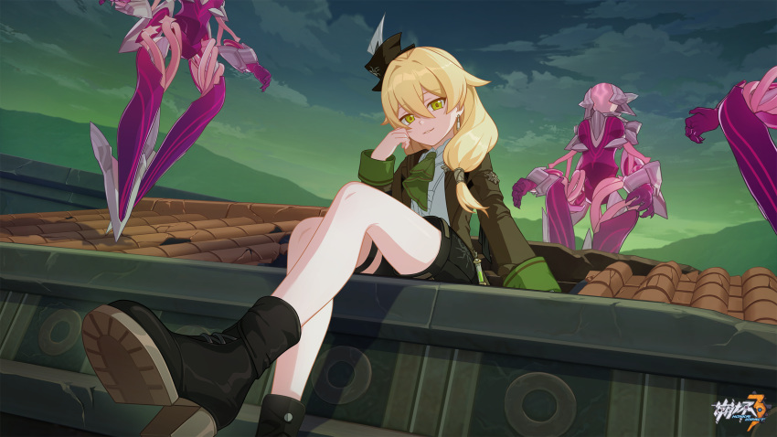 1boy arm_support ascot bare_legs black_footwear black_headwear black_shorts blonde_hair boots character_request evil_smile green_ascot green_sky hat highres honkai_(series) honkai_impact_3rd logo long_sleeves male_focus official_art official_wallpaper on_roof outdoors rooftop shorts smile spoilers