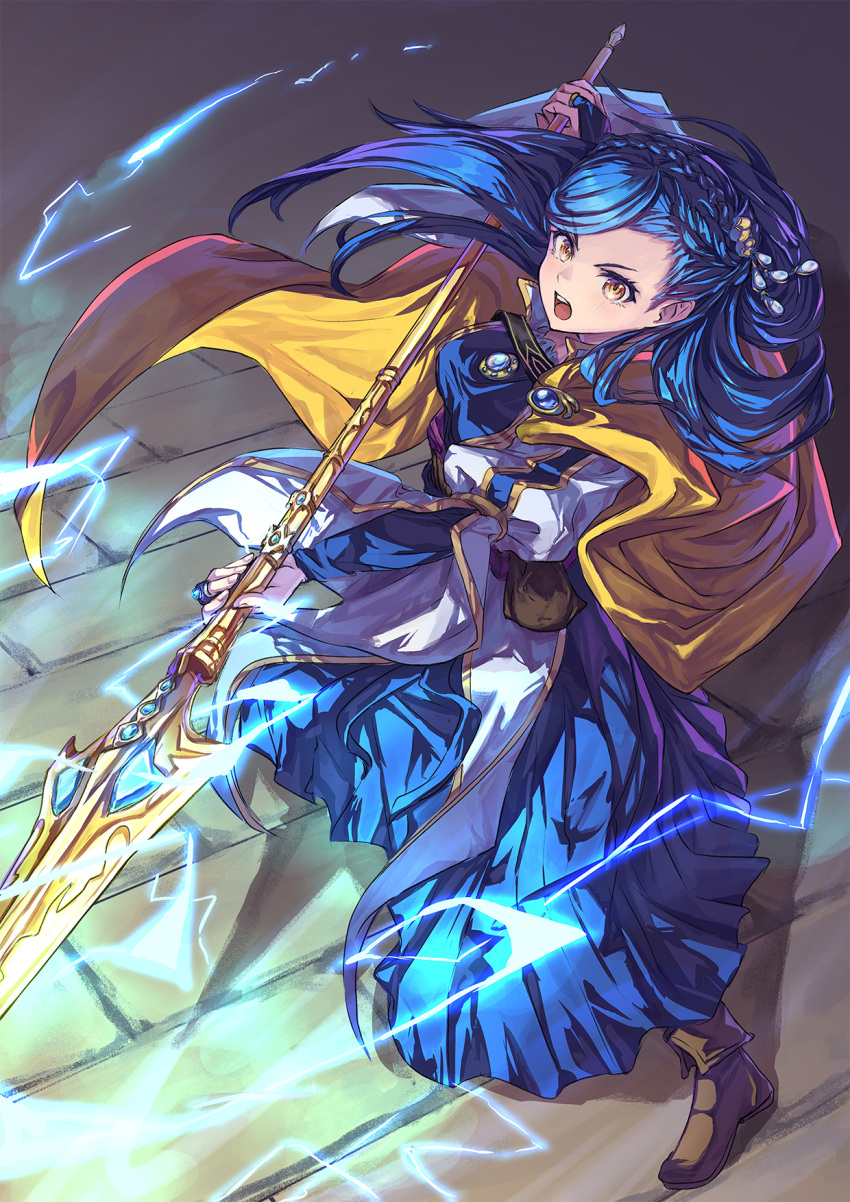 1girl blue_hair blue_robe braid breasts bridal_gauntlets cape commission crown_braid electricity flower full_body hair_flower hair_ornament highres holding holding_polearm holding_weapon honzuki_no_gekokujou long_hair long_sleeves maine_(honzuki_no_gekokujou) open_mouth polearm puffy_sleeves robe shoes shouma_(bravespiritya) skeb_commission solo spear swept_bangs weapon white_sleeves wind yellow_cape yellow_eyes