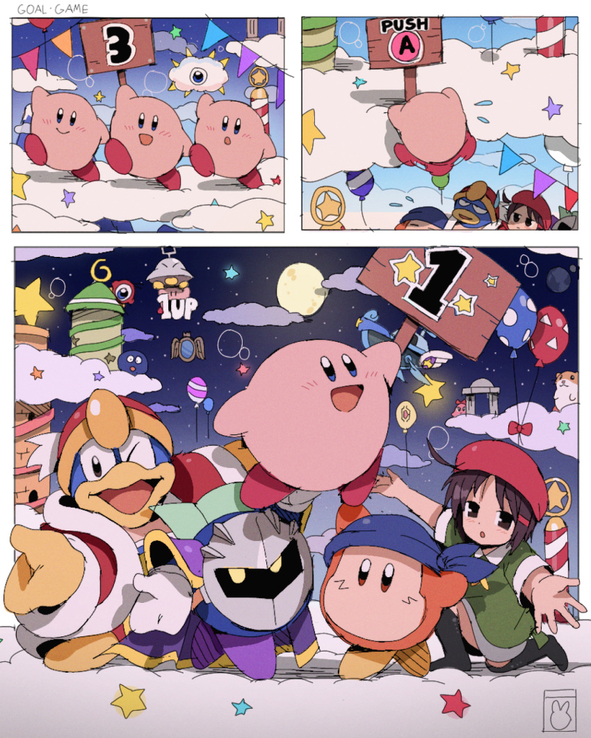 1other 1up 2girls 5boys :d :o ;d adeleine ahoge aircraft airship arm_up armor arms_up balloon bandana bandana_waddle_dee bendedede beret blue_bandana blue_eyes blush bow brown_eyes brown_hair castle chuchu_(kirby) closed_mouth clouds collared_shirt commentary day dimension_mirror english_commentary flying_sweatdrops full_moon fur-trimmed_jacket fur_trim gooey_(kirby) green_shirt grey_skirt hair_ornament hairclip hat highres holding holding_sign jacket jumping king_dedede kirby kirby_(series) kracko long_sleeves looking_at_viewer lor_starcutter mask meta_knight mirror moon night night_sky on_cloud on_one_knee one-eyed one_eye_closed open_clothes open_jacket open_mouth outstretched_arm outstretched_arms parted_bangs pauldrons pennant red_bow red_headwear red_jacket rick_(kirby) shirt short_hair short_sleeves shoulder_armor sidelocks sign skirt sky smile spikes spread_arms star_(sky) starry_sky string_of_flags tower ufo ufo_(kirby) waddle_doo yellow_eyes