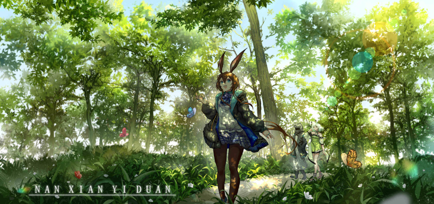1other 2girls adjusting_hair amiya_(arknights) animal_ears arknights artist_name ascot bare_legs black_footwear black_jacket blue_ascot blue_butterfly blue_eyes blue_skirt blue_sky boots brown_hair brown_pantyhose bug butterfly cat_ears cat_girl coat commentary_request dappled_sunlight doctor_(arknights) dress full_body green_dress green_eyes highres hood hooded_jacket infection_monitor_(arknights) jacket kal'tsit_(arknights) lab_coat long_hair looking_up mask multiple_girls nanxianyiduan open_clothes open_jacket open_mouth orange_butterfly oripathy_lesion_(arknights) outdoors pantyhose path plaid plaid_skirt ponytail rabbit_ears rabbit_girl red_butterfly scenery shirt skirt sky smile sunlight teeth tree upper_teeth_only walking white_coat white_shirt
