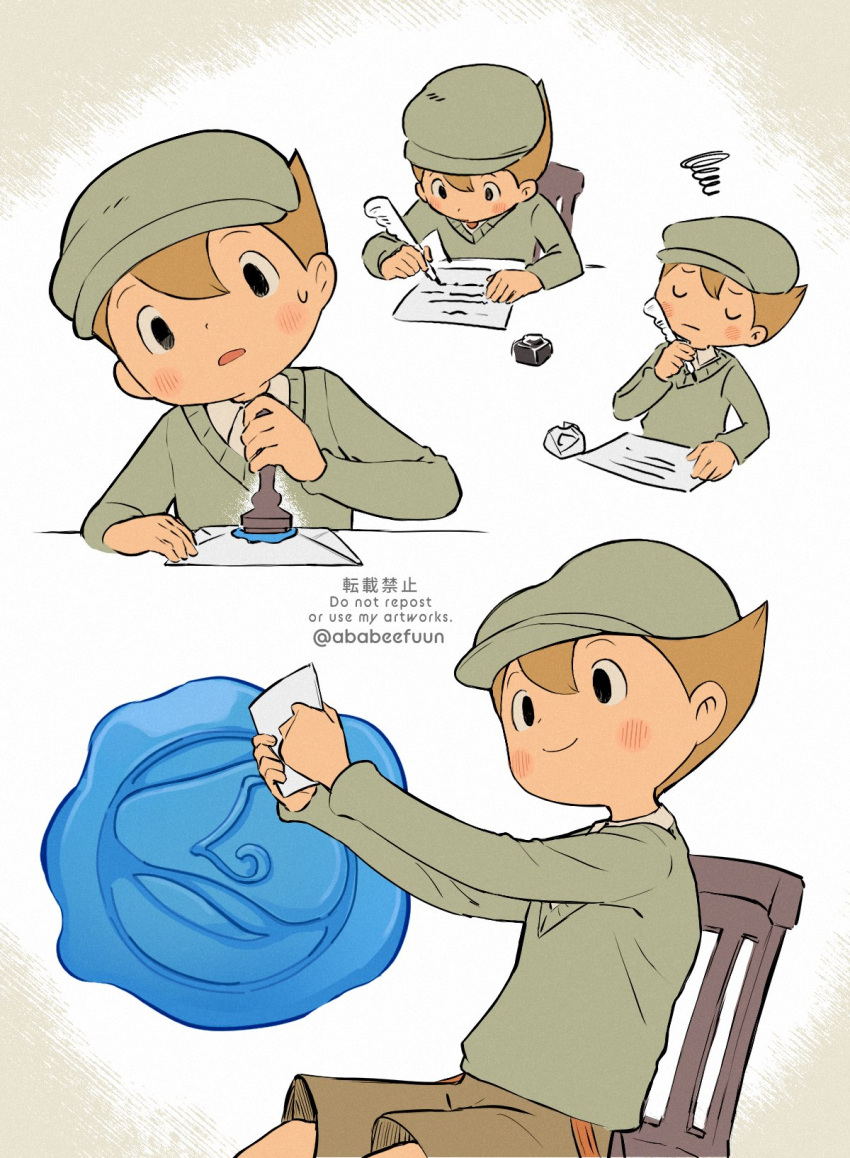 1boy abarenbou_bifun black_eyes blonde_hair blue_headwear blue_sweater blush brown_shorts cabbie_hat closed_eyes closed_mouth collared_shirt envelope hand_up hat highres holding holding_envelope holding_quill ink_bottle long_sleeves luke_triton male_focus multiple_views on_chair open_mouth paper professor_layton quill sequential shirt short_hair shorts sitting smile sweatdrop sweater wax_seal white_shirt writing