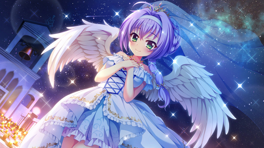 1girl ahoge angel_wings bare_shoulders bell bridal_veil candle church closed_mouth dot_nose dress dutch_angle feathered_wings film_grain game_cg green_eyes hair_intakes hair_ribbon hairband hands_on_own_chest hokaze_kanade izumi_tsubasu jewelry layered_skirt lens_flare long_hair looking_at_viewer necklace night night_sky non-web_source off-shoulder_dress off_shoulder official_art outdoors purple_brooch purple_hair re:stage! ribbon see-through_veil shooting_star skirt sky smile solo sparkle star_(sky) starry_sky tiara tile_floor tiles veil wedding_dress white_dress white_hairband white_ribbon white_skirt wings