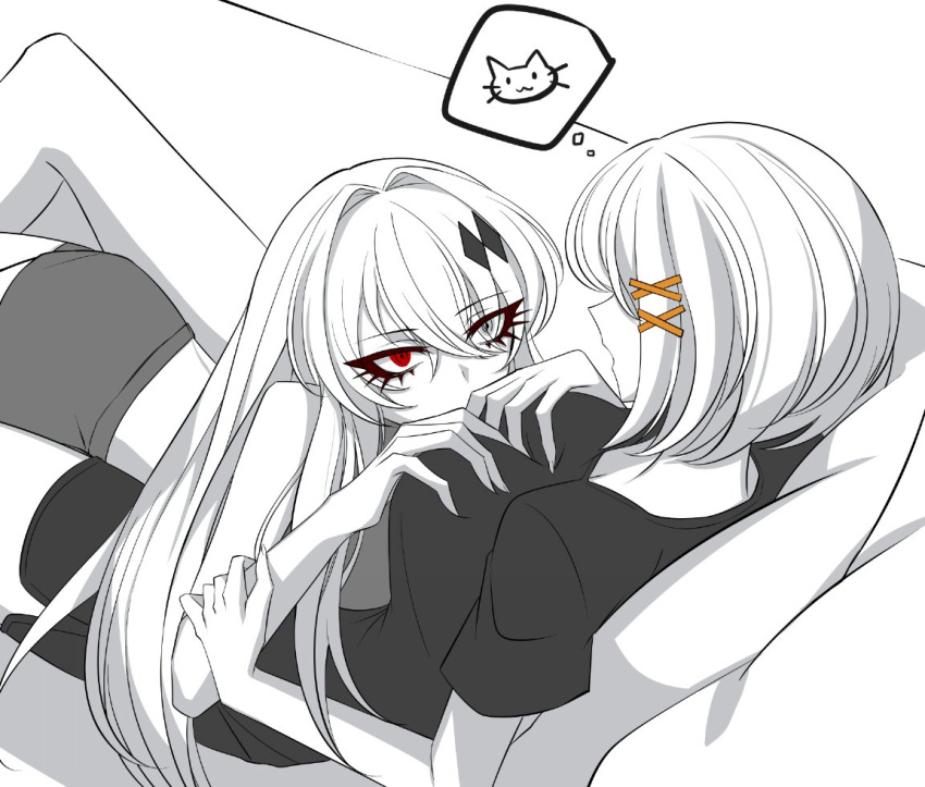 01pado_pado 2girls alpha_(punishing:_gray_raven) breasts cat couch grey_eyes greyscale hair_between_eyes hair_ornament hands_on_another's_chest heterochromia large_breasts long_hair lucia:_crimson_abyss_(punishing:_gray_raven) medium_hair monochrome multiple_girls on_couch punishing:_gray_raven red_eyes rosetta_(punishing:_gray_raven) shirt shorts spoken_animal spot_color very_long_hair x_hair_ornament yuri