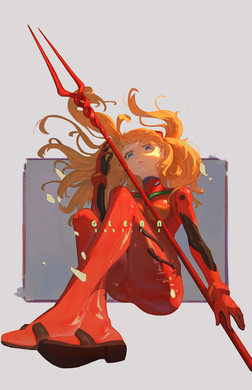 1girl 2830385208 absurdres blue_eyes bodysuit highres lance_of_longinus_(evangelion) long_hair looking_at_viewer multicolored_bodysuit multicolored_clothes neon_genesis_evangelion orange_bodysuit orange_hair plugsuit red_bodysuit sitting souryuu_asuka_langley two-tone_bodysuit