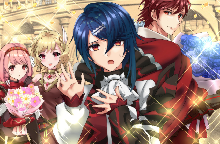 2boys 2girls alcryst_(fire_emblem) armor ascot asymmetrical_hair blonde_hair blue_hair bouquet braid brothers citrinne_(fire_emblem) diamant_(fire_emblem) feather_hair_ornament feathers fire_emblem fire_emblem_engage flower gold_trim hair_between_eyes hair_ornament hairband hairclip highres holding holding_bouquet jewelry kakiko210 lapis_(fire_emblem) long_sleeves looking_at_viewer multiple_boys multiple_girls necklace open_mouth pink_hair red_eyes redhead short_hair siblings white_ascot