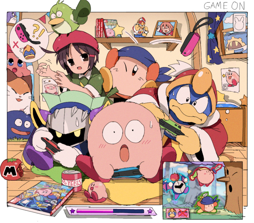 1other 2girls 6+boys :d :o ^_^ adeleine amiibo angry armor bandana bandana_waddle_dee bed bendedede beret blue_bandana blue_eyes blue_sky blush border bow brown_eyes brown_hair can cape chuchu_(kirby) closed_eyes closed_mouth clouds collared_shirt commentary controller coo_(kirby) copy_ability curtains cushion day doorway drawing english_commentary figure fur-trimmed_jacket fur_trim game_controller gloves gooey_(kirby) green_headwear green_shirt hair_ornament hairclip hands_up hat highres holding holding_controller holding_game_controller holding_polearm holding_sword holding_weapon indoors jacket joy-con king_dedede kirby kirby's_return_to_dream_land_deluxe kirby_(series) long_sleeves magolor mask maxim_tomato meta_knight nago_(kirby) on_floor one_eye_closed open_clothes open_jacket open_mouth outside_border paper parted_bangs pauldrons picture_frame pillow pitch_(kirby) playing_games pointing polearm poster_(object) red_bow red_headwear red_jacket ribbon_(kirby) shelf shirt short_hair short_sleeves shoulder_armor sidelocks sitting sky smile spear speech_bubble star_(symbol) star_pillow star_print string_of_flags sweatdrop sword sword_kirby tomato tree v-shaped_eyebrows video_game weapon whispy_woods white_border white_gloves wide-eyed window wooden_floor yellow_eyes