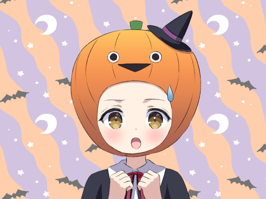 1girl :o black_headwear black_shirt blush brown_eyes chitosezaka_suzu clenched_hands commentary_request crescent forehead hands_up hat highres jack-o'-lantern looking_at_viewer mini_hat neck_ribbon open_mouth orange_background original pumpkin_hat purple_background red_ribbon ribbon sacabambaspis shirt solo star_(symbol) sweatdrop tilted_headwear two-tone_background upper_body