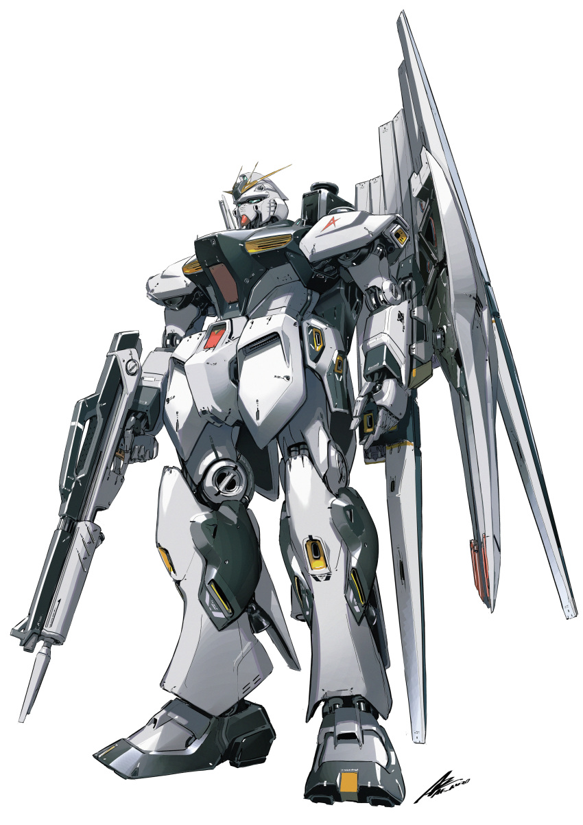 absurdres afukuro beam_rifle char's_counterattack commentary_request energy_gun fin_funnels full_body green_eyes gun gundam highres holding holding_gun holding_weapon mecha mobile_suit no_humans nu_gundam open_hand robot science_fiction signature simple_background solo v-fin weapon white_background