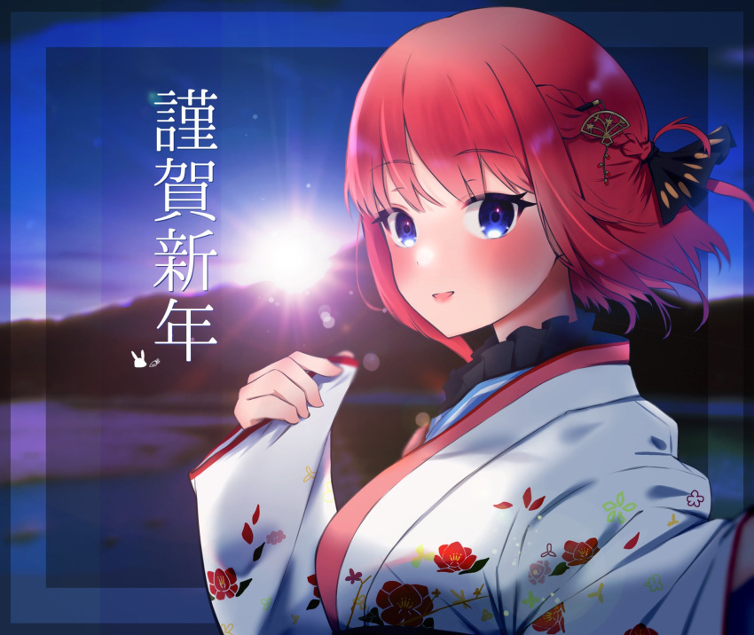 1girl alternate_costume alternate_hairstyle animal_print backlighting black_bow blue_eyes blunt_bangs blurry blurry_background blush bow braid breasts close-up commentary_request eyelashes floating_hair floral_print french_braid frilled_kimono frills from_side go-toubun_no_hanayome hair_bow hair_ornament hair_stick hand_up happy_new_year highres japanese_clothes kakato_0 kimono large_breasts lips long_sleeves looking_at_viewer medium_hair mountainous_horizon nakano_nino open_mouth outdoors rabbit_print redhead smile solo straight_hair sunrise translated white_kimono wide_sleeves yukata