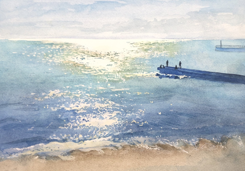 6+others beach highres horizon multiple_others original painting_(medium) pier railing reflection reflective_water rock sand shore sunlight tlctm7h8wdwnthx traditional_media water watercolor_(medium)