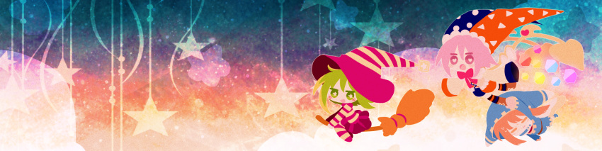 1girl 2boys =_= black_thighhighs blue_footwear blue_jacket blue_shorts blush_stickers bright_pupils broom broom_riding brown_footwear cape chibi closed_mouth commentary_request film_grain foot_grab gold_trim green_eyes green_hair gryll_(kirby) hat heart heart-shaped_pupils highres hood hooded_jacket jacket jester_cap kirby_(series) light_brown_hair long_sleeves magolor marx_(kirby) medium_hair multicolored_clothes multicolored_headwear multicolored_pantyhose multicolored_shirt multicolored_shorts multiple_boys neck_ribbon no_nose open_mouth pantyhose personification pink_eyes pink_hair pink_ribbon pink_skirt ribbon shirt shorts skirt sleeves_past_fingers sleeves_past_wrists smile star-shaped_pupils star_(symbol) striped striped_headwear striped_pantyhose striped_shirt sweat symbol-shaped_pupils thigh-highs usagi_nui white_cape white_pupils wide_image witch_hat yellow_shirt