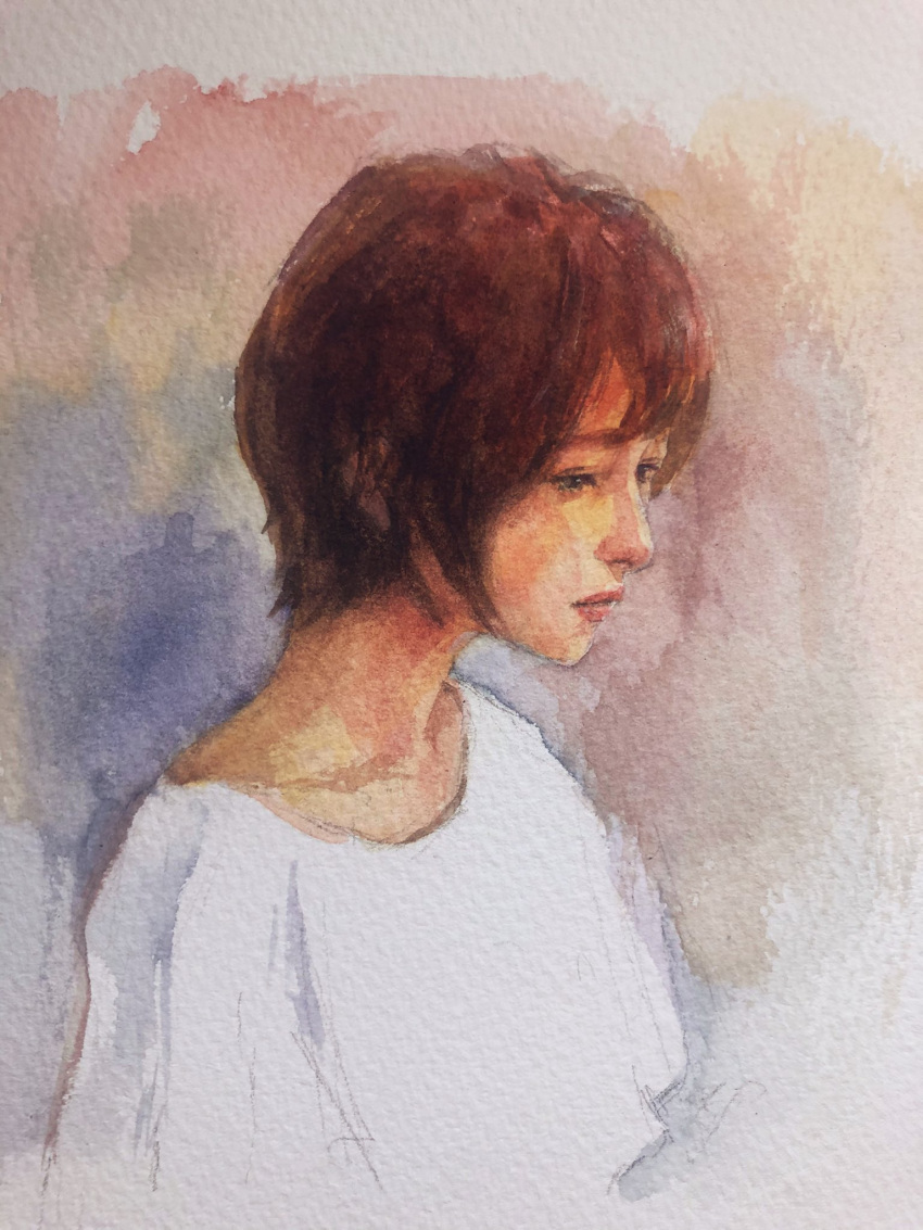 1girl brown_hair highres looking_to_the_side medium_hair original painting_(medium) realistic shirt solo still_life tlctm7h8wdwnthx traditional_media watercolor_(medium) white_shirt