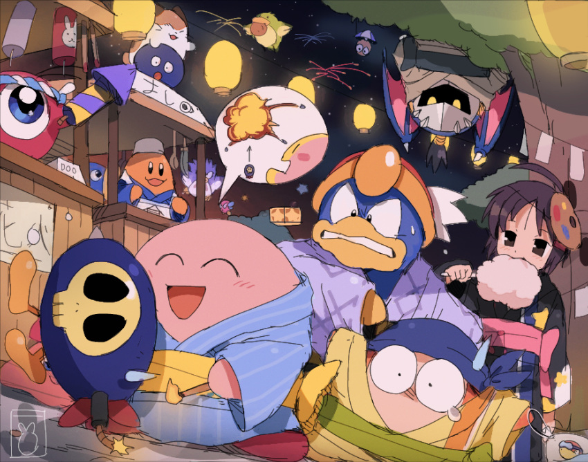1girl 1other 6+boys :d :o ^_^ adeleine aerial_fireworks ahoge apron bag bagged_fish bandana bandana_waddle_dee bendedede bird black_kimono black_sash blipper blue_bandana blue_eyes blue_kimono blush bomb bomber_(kirby) bronto_burt brown_eyes brown_hair brown_kimono bumber_(kirby) chef_kawasaki clenched_teeth closed_eyes commentary coo_(kirby) cotton_candy eating english_commentary explosion explosive fire fireworks fish flying food gooey_(kirby) green_sash hachimaki hair_ornament hairclip hand_up hanging hanging_from_tree hat headband highres holding holding_fireworks holding_food japanese_clothes kimono kine_(kirby) king_dedede kirby kirby_(series) lantern long_sleeves market_stall mask mask_on_head matches nago_(kirby) nejiri_hachimaki nervous night night_sky obi one-eyed open_mouth outdoors paper_lantern parted_bangs pink_sash pitch_(kirby) purple_kimono red_headwear sash short_hair skull sky smile speech_bubble star_(sky) star_(symbol) star_block starry_sky striped striped_kimono sweatdrop teeth tree upside-down v-shaped_eyebrows waddle_doo white_apron white_headwear wide-eyed wide_sleeves yellow_kimono yellow_sash