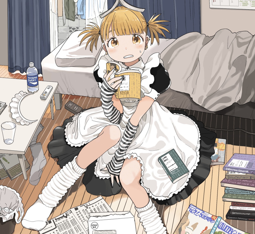 1girl apron basket between_legs black_dress blanket blonde_hair book book_on_head bottle clenched_teeth commentary controller dress embarrassed envelope fingerless_gloves glass gloves hand_between_legs highres holding holding_book indoors maid maid_apron maid_headdress n_floor nagomurasan nail_polish object_on_head original pillow remote_control short_twintails sitting socks solo striped striped_gloves sweat symbol-only_commentary table teeth trash_bag twintails unworn_hair_ornament unworn_socks water_bottle white_socks yellow_eyes