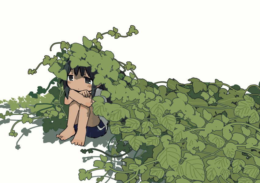 1girl barefoot black_eyes black_hair blue_shorts blush child crossed_arms highres hugging_own_legs leaf long_hair original plant shadow shirt shorts simple_background sitting solo vines white_background white_shirt zinbei