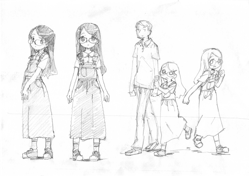 1boy 1girl absurdres age_difference buttons character_request check_character collared_shirt full_body glasses greyscale hair_ornament hairclip height_difference highres holding_another's_arm long_hair monochrome multiple_views original overall_skirt pants shirt shoes socks standing t-shirt traditional_media tsukumizu_yuu walking white_background