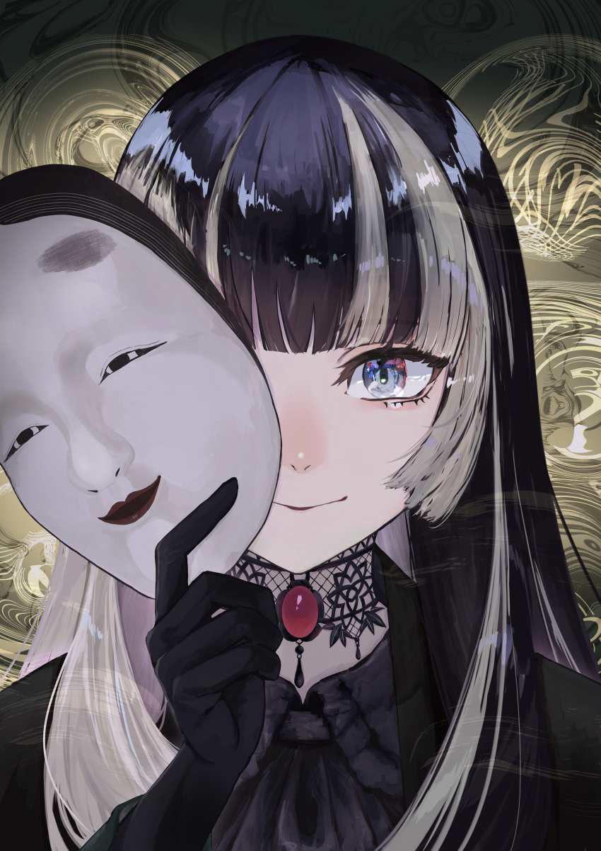 1girl absurdres black_dress black_gloves black_hair blue_eyes choker closed_mouth dress fuwafuwa-chan_(hgdketgf) gloves gothic_lolita grey_hair highres holding holding_mask hololive hololive_dev_is juufuutei_raden lace lace_choker lolita_fashion long_hair looking_at_viewer mask multicolored_hair noh_mask smile solo two-tone_hair unworn_mask upper_body virtual_youtuber