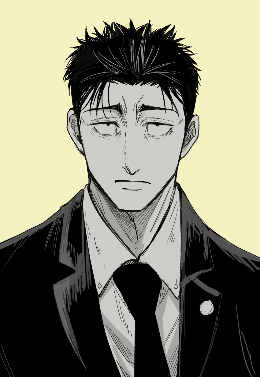 1boy amico173 closed_mouth collared_shirt formal greyscale_with_colored_background highres higuruma_hiromi jujutsu_kaisen looking_at_viewer male_focus necktie shirt short_hair simple_background solo suit upper_body yellow_background