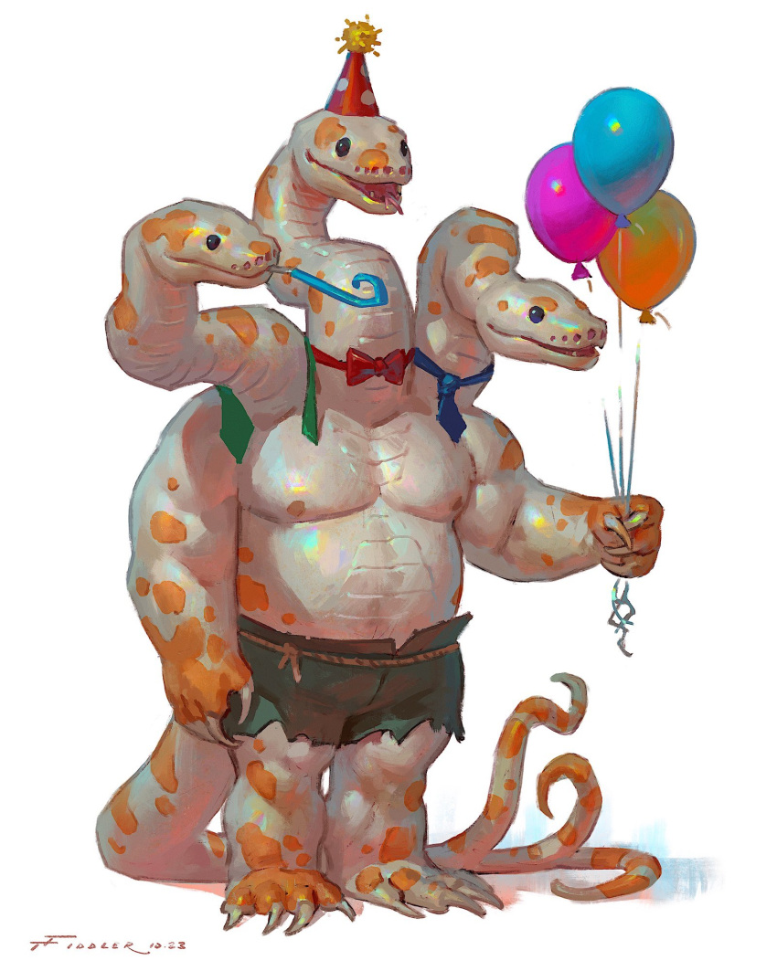 1boy artist_name balloon brown_shorts dated full_body hat highres holding holding_balloon original party_hat rope shiny_skin shorts simple_background snake_boy snake_head snake_tail solo standing tail taran_fiddler torn_clothes torn_shorts white_background