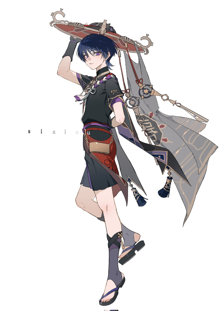 1boy bishounen full_body genshin_impact geta hat highres japanese_clothes jingasa looking_at_viewer male_focus purple_hair sandals scaramouche_(genshin_impact) short_hair shorts sialou simple_background solo violet_eyes white_background