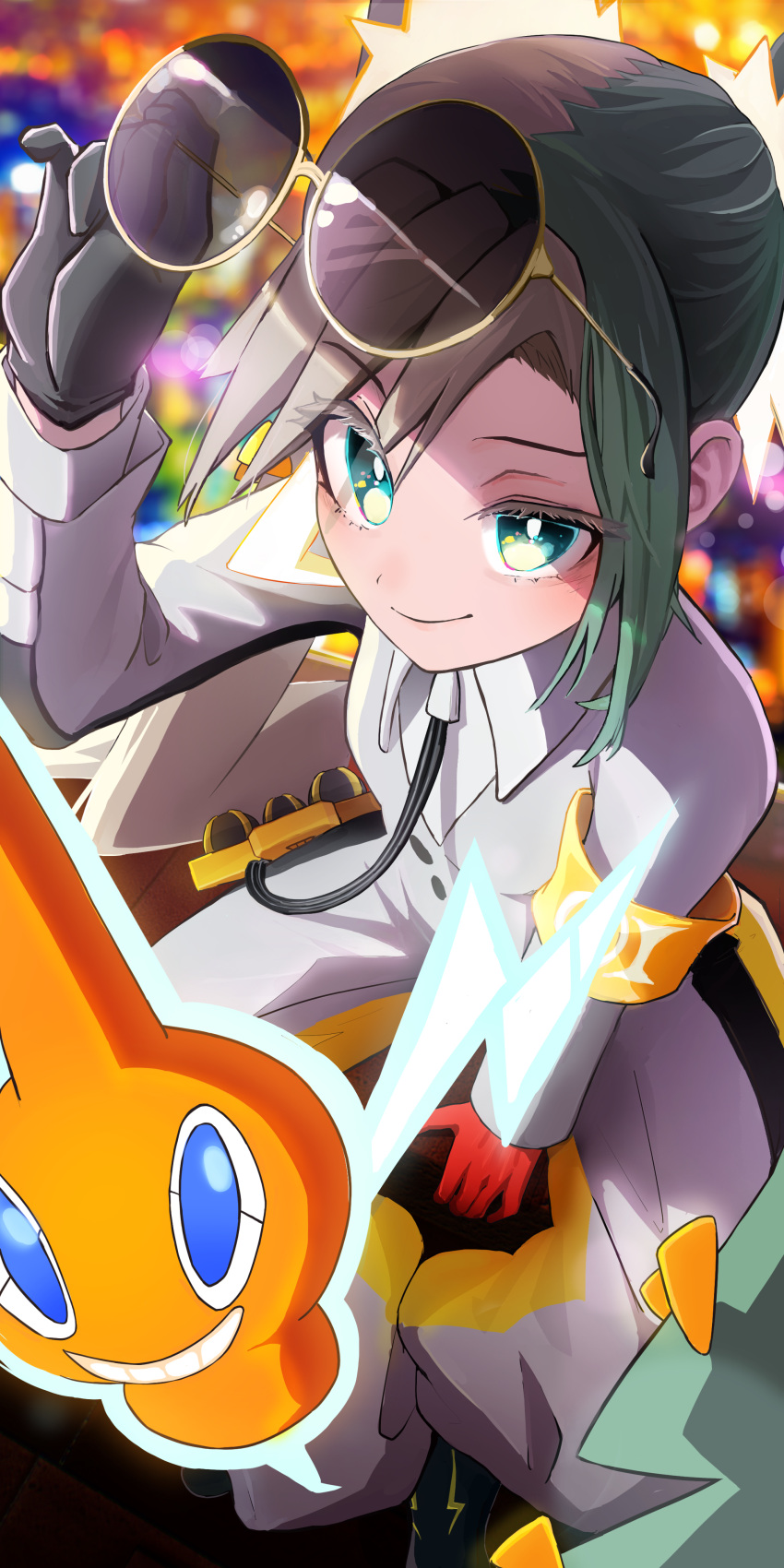 1girl absurdres adjusting_eyewear armband asymmetrical_gloves black_gloves electric_miku_(project_voltage) electricity gloves green_eyes hand_on_eyewear hatsune_miku highres jumpsuit kyktsu long_hair looking_at_viewer mismatched_gloves multicolored_hair poke_ball pokemon project_voltage red_gloves rotom rotom_(normal) smile sunglasses twintails two-tone_hair ultra_ball very_long_hair vocaloid waist_poke_ball yellow_armband