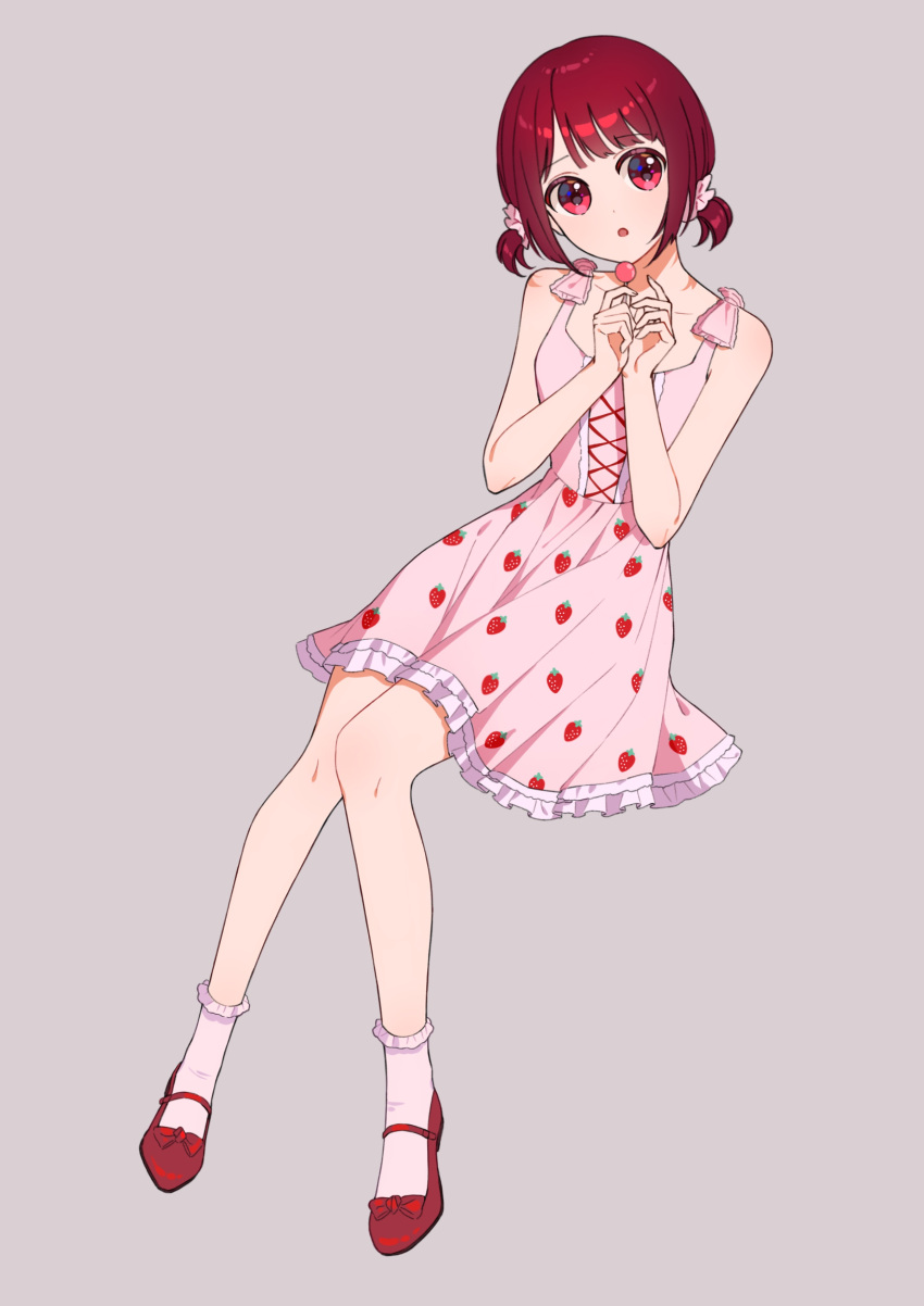absurdres arima_kana bob_cut dress full_body grey_background highres looking_at_viewer open_mouth oshi_no_ko pink_dress red_eyes red_footwear redhead short_hair simple_background sitting socks solo white_socks xiang_yu_pai