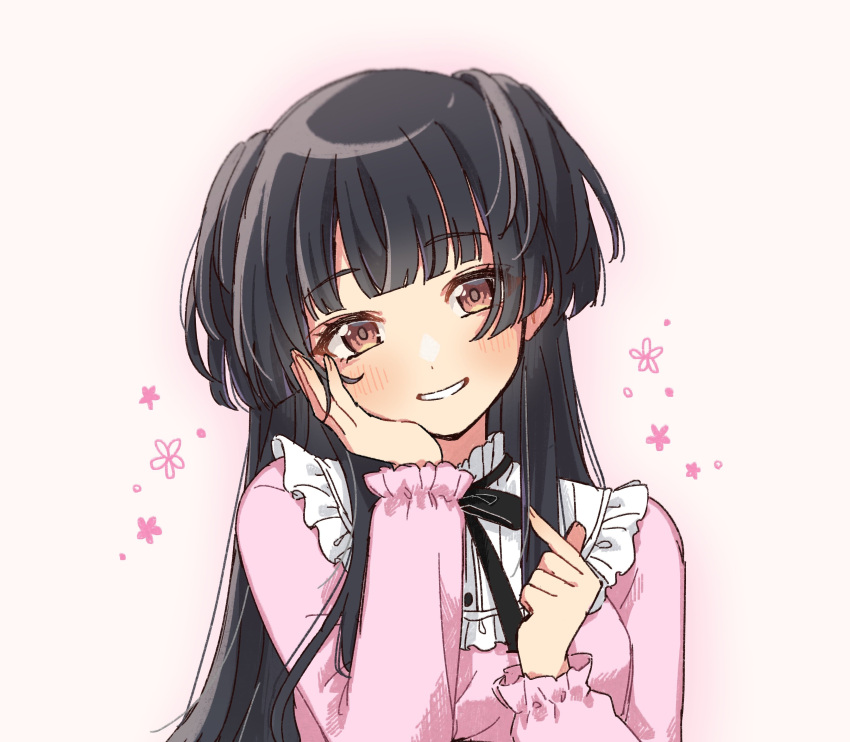 1girl absurdres black_hair black_ribbon blunt_bangs blush breasts commentary_request finger_heart frilled_sleeves frills hand_on_own_cheek hand_on_own_face head_rest head_tilt highres idolmaster idolmaster_shiny_colors long_hair long_sleeves looking_at_viewer mayuzumi_fuyuko medium_breasts neck_ribbon pink_shirt rad0ng0s ribbon shirt simple_background smile solo two_side_up upper_body very_long_hair