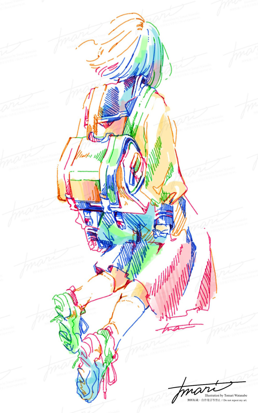 1girl arms_at_sides artist_name backpack bag colorful commentary_request facing_away from_behind full_body hatching_(texture) highres long_sleeves original partial_commentary pleated_skirt sailor_collar sailor_shirt school_bag school_uniform serafuku shirt shoes short_hair signature skirt sleeves_past_wrists sneakers socks solo watanabe_tomari watermark