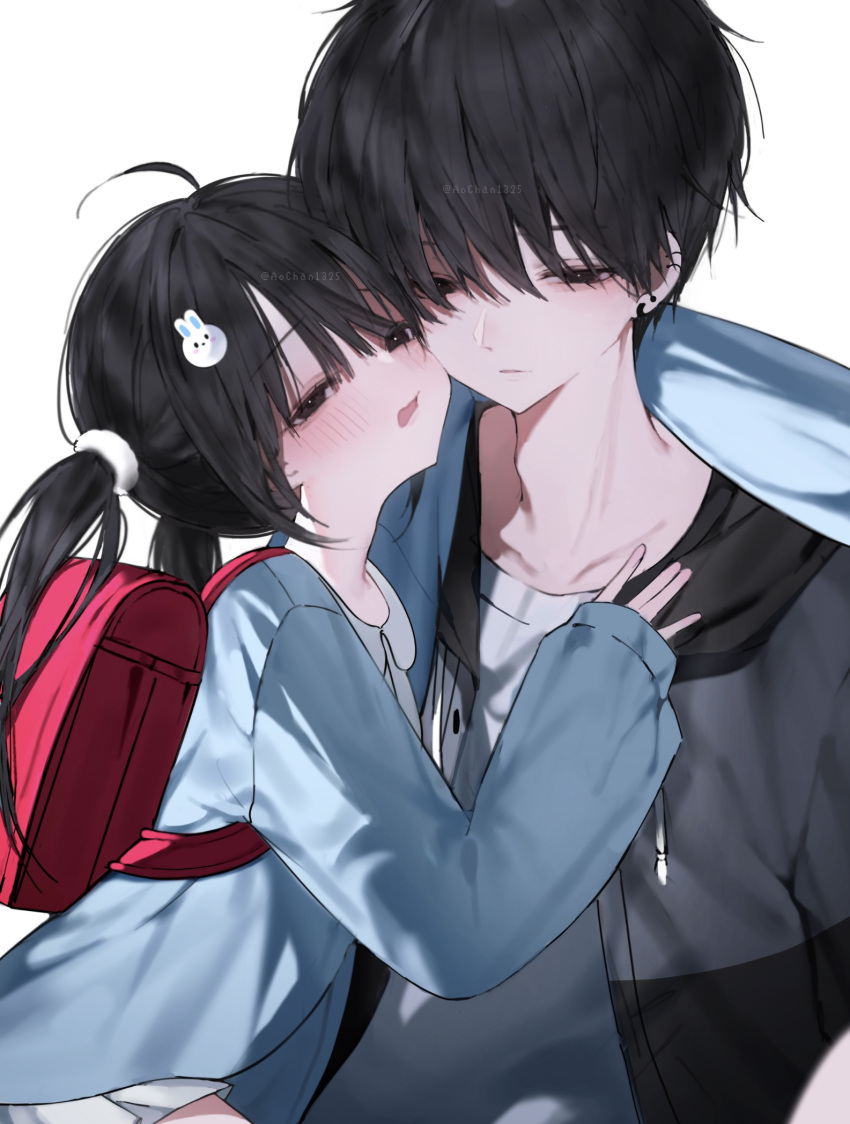1boy 1girl age_difference ahoge aochan_1325 backpack bag black_eyes black_hair black_jacket blue_shirt blush cheek-to-cheek commentary_request couple ear_piercing earrings expressionless grey_shirt hair_ornament half-closed_eyes heads_together hetero highres jacket jewelry long_hair open_mouth original piercing rabbit_hair_ornament randoseru red_bag shirt simple_background smile twintails upper_body white_background yami_kawaii