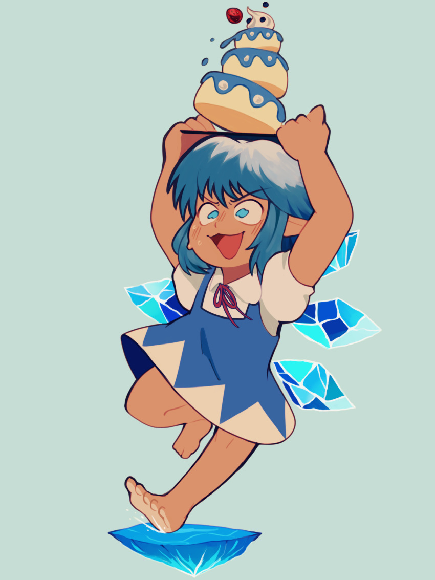 1girl barefoot blue_dress blue_eyes blue_hair cake cirno collared_shirt commentary dark-skinned_female dark_skin detached_wings digitalsnail dress english_commentary food fruit full_body highres holding holding_plate ice ice_wings neck_ribbon open_mouth pinafore_dress plate pointy_ears puffy_short_sleeves puffy_sleeves red_ribbon ribbon shirt short_hair short_sleeves sleeveless sleeveless_dress solo strawberry sweatdrop touhou v-shaped_eyebrows whipped_cream white_shirt wings