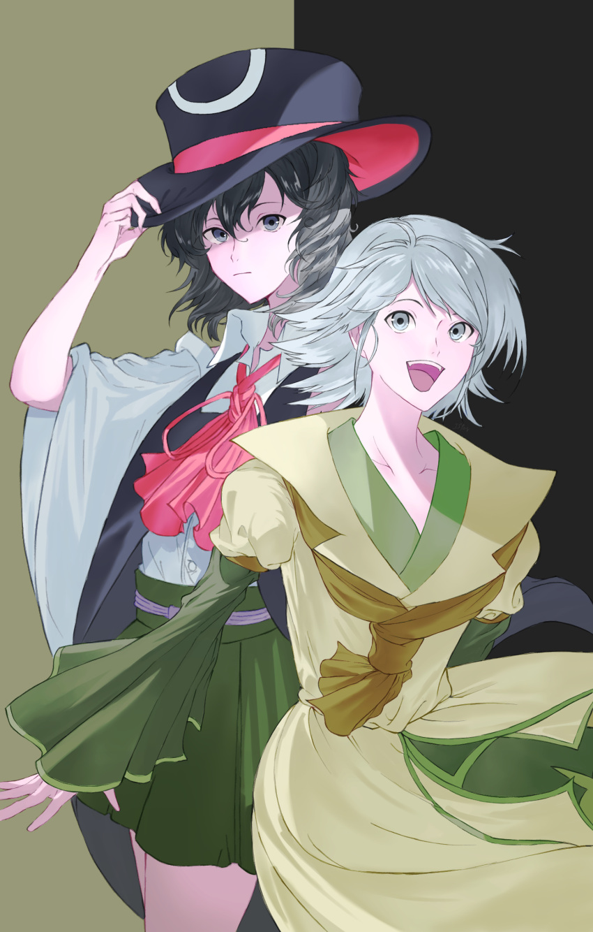 2others absurdres androgynous ascot bare_shoulders black_background black_coat black_eyes black_hair black_headwear black_shorts black_sleeves bow bowtie brown_ascot buttons closed_mouth coat collarbone collared_coat collared_shirt detached_sleeves enraku_tsubakura eye_of_senri eye_on_hat fingernails frown green_background green_skirt green_trim grey_eyes grey_hair hakama hakama_short_skirt hakama_skirt hand_on_headwear hat high-waist_skirt highres houlen_yabusame japanese_clothes jinbei_(clothes) juliet_sleeves layered_sleeves len'en long_sleeves looking_at_viewer messy_hair multiple_others open_clothes open_coat open_mouth pleated_sleeves puffy_sleeves purple_sash red_ascot red_bow red_bowtie red_headwear sash shirt short_hair short_over_long_sleeves short_sleeves shorts skirt sleeveless sleeveless_coat sleeveless_shirt smile teeth top_hat two-sided_fabric two-sided_headwear two-tone_background upper_teeth_only white_shirt white_sleeves wide_sleeves yellow_coat yoni.
