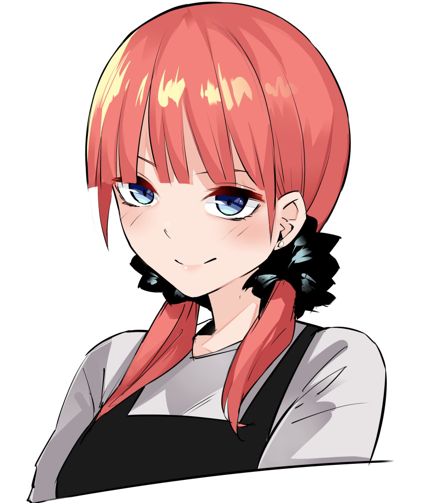 &gt;:) 1girl absurdres apron black_apron blue_eyes blunt_bangs blush casual close-up closed_mouth commentary_request go-toubun_no_hanayome grey_shirt highres lips looking_afar low_twintails mame1645 medium_hair nakano_nino redhead shirt simple_background smile solo straight_hair twintails upturned_eyes v-shaped_eyebrows white_background