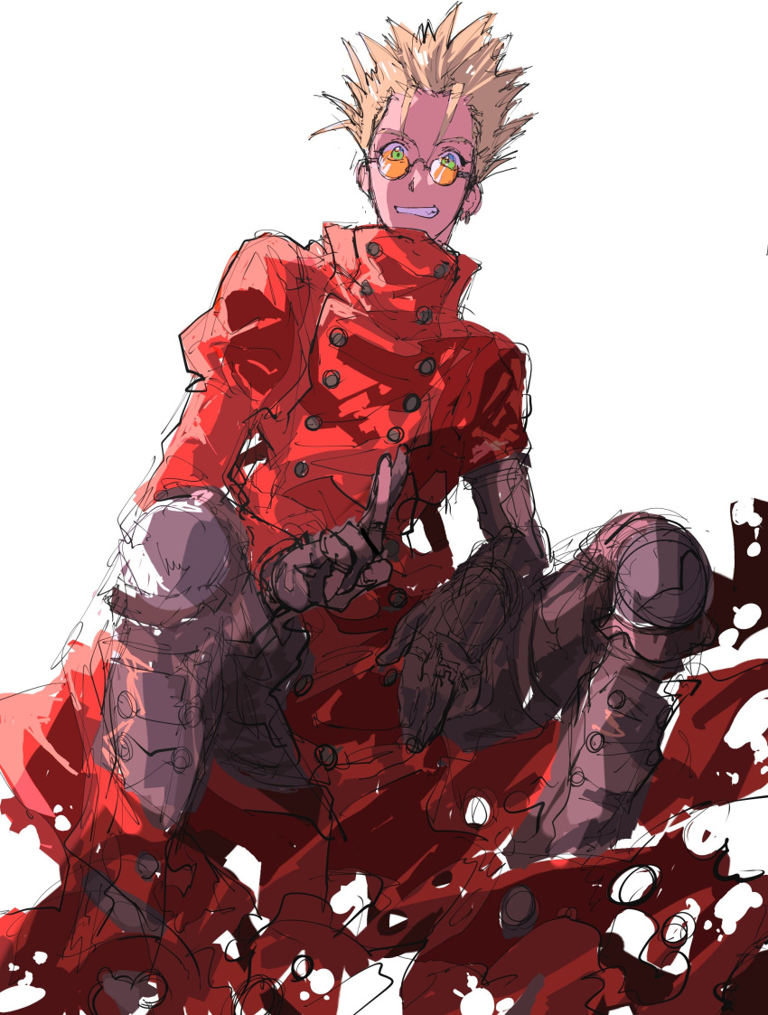 1boy absurdres black_gloves blonde_hair boots coat decided_218 gloves green_eyes happy highres invisible_chair red_coat simple_background sitting smile solo teeth trigun v vash_the_stampede white_background