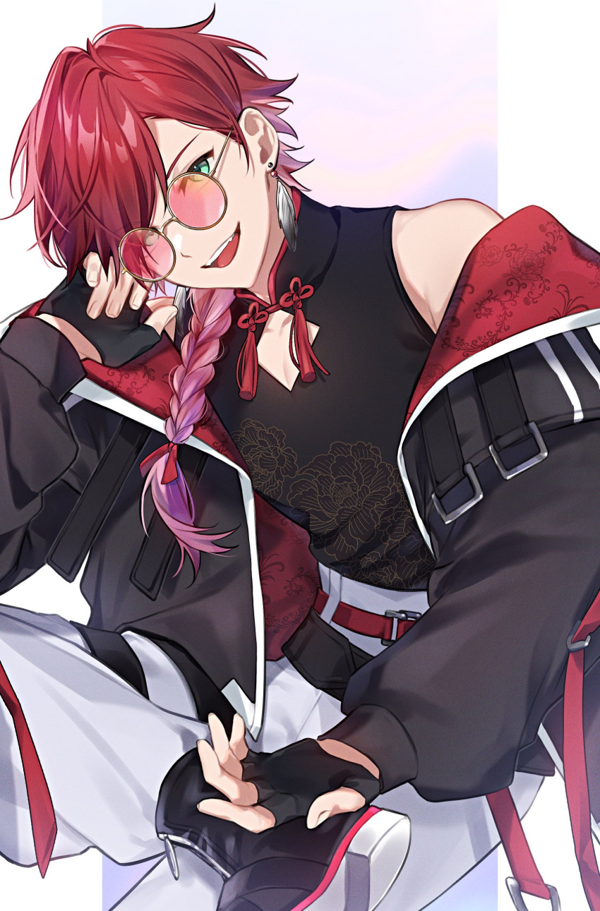 1boy black_gloves black_jacket braid chinese_clothes earrings feather_earrings feathers fingerless_gloves gloves gradient_hair green_eyes highres jacket jewelry lauren_iroas long_hair male_focus multicolored_hair nijisanji open_clothes open_jacket open_mouth pants pink_hair redhead single_braid sioxxx0711 smile solo sunglasses tassel virtual_youtuber white_pants