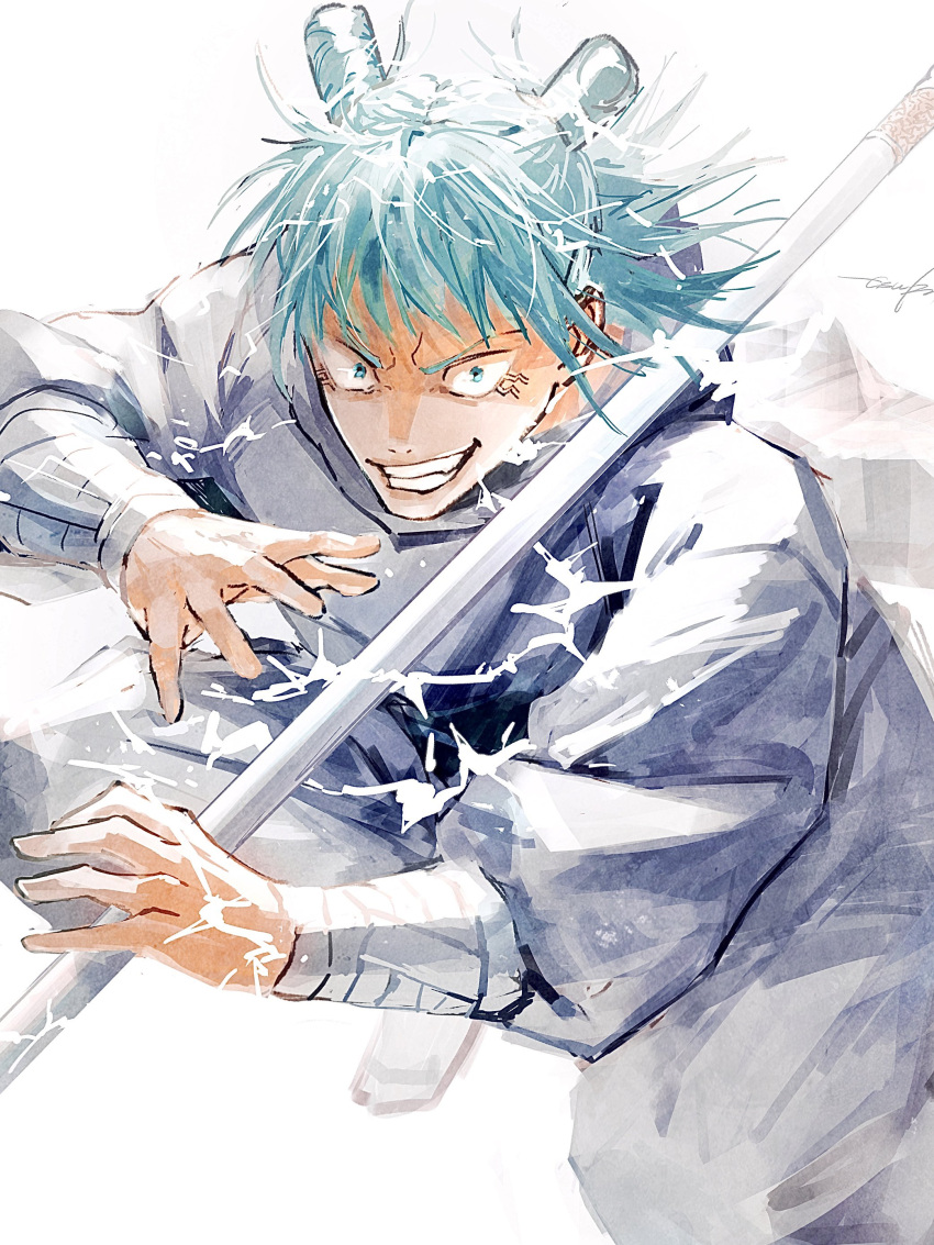 1boy 28cg absurdres arm_wrap blue_eyes blue_hair electricity fighting_stance foot_out_of_frame grey_jacket grey_pants grin hands_up highres jacket jujutsu_kaisen kashimo_hajime male_focus pants short_hair short_twintails smile solo staff teeth twintails v-shaped_eyebrows veins white_background