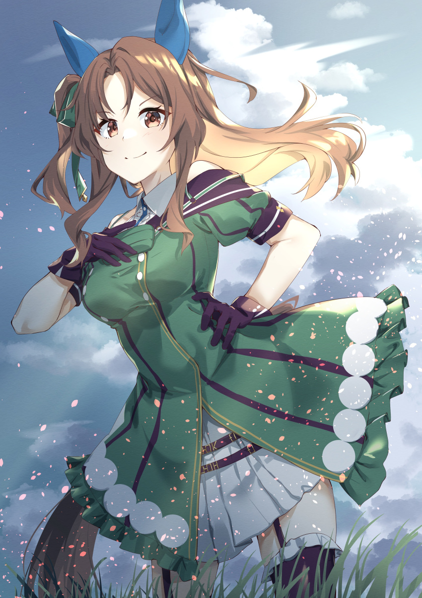 1girl absurdres animal_ears bare_shoulders brown_eyes buttons clouds cloudy_sky cowboy_shot dress ear_covers floating_hair frilled_dress frills garter_straps glass gloves green_dress hand_on_own_chest hand_on_own_hip highres horse_ears horse_girl horse_tail king_halo_(umamusume) layered_skirt looking_at_viewer outdoors purple_gloves shikaya skirt sky smile solo tail umamusume white_skirt