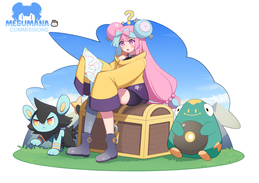 1girl ? absurdres artist_name bellibolt blush boots bow-shaped_hair character_hair_ornament commission grass green_hair grey_footwear hair_ornament highres holding holding_map iono_(pokemon) jacket long_hair long_sleeves map megumana multicolored_hair open_mouth pink_eyes pink_hair pokemon pokemon_(creature) pokemon_(game) pokemon_sv rock shinx single_leg_pantyhose sitting sleeves_past_fingers sleeves_past_wrists star_(symbol) star_print treasure_chest two-tone_hair watermark yellow_jacket