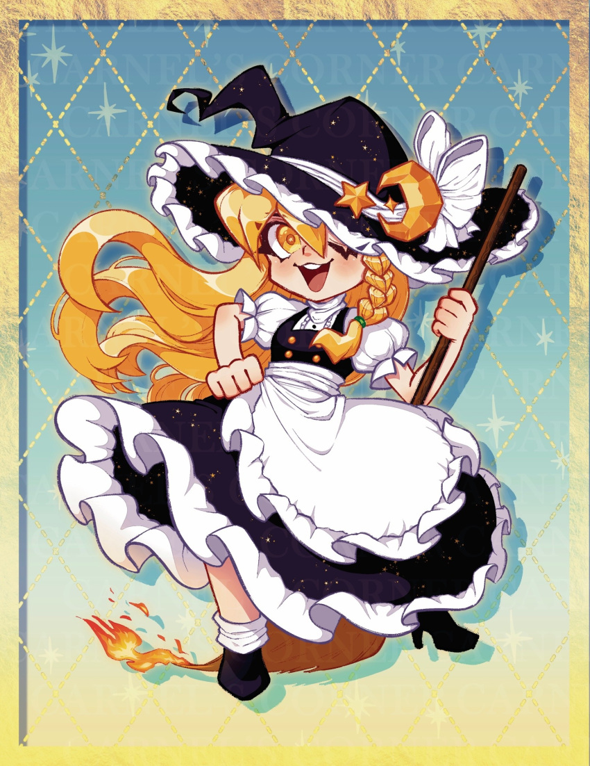 1girl apron black_footwear black_headwear black_skirt black_vest blonde_hair blue_background border bow braid broom carnelscorner chibi commentary commission crescent crescent_hat_ornament english_commentary fire frilled_apron frilled_headwear frilled_skirt frills full_body gradient_background hand_on_own_hip hat hat_bow hat_ornament hat_ribbon high_heels highres holding holding_broom kirisame_marisa large_hat long_hair looking_at_viewer one_eye_closed open_mouth puffy_short_sleeves puffy_sleeves ribbon shirt short_sleeves simple_background single_braid skirt skirt_set socks solo star_(symbol) star_hat_ornament teeth touhou upper_teeth_only vest waist_apron white_apron white_bow white_ribbon white_shirt white_socks witch_hat yellow_background yellow_border yellow_eyes