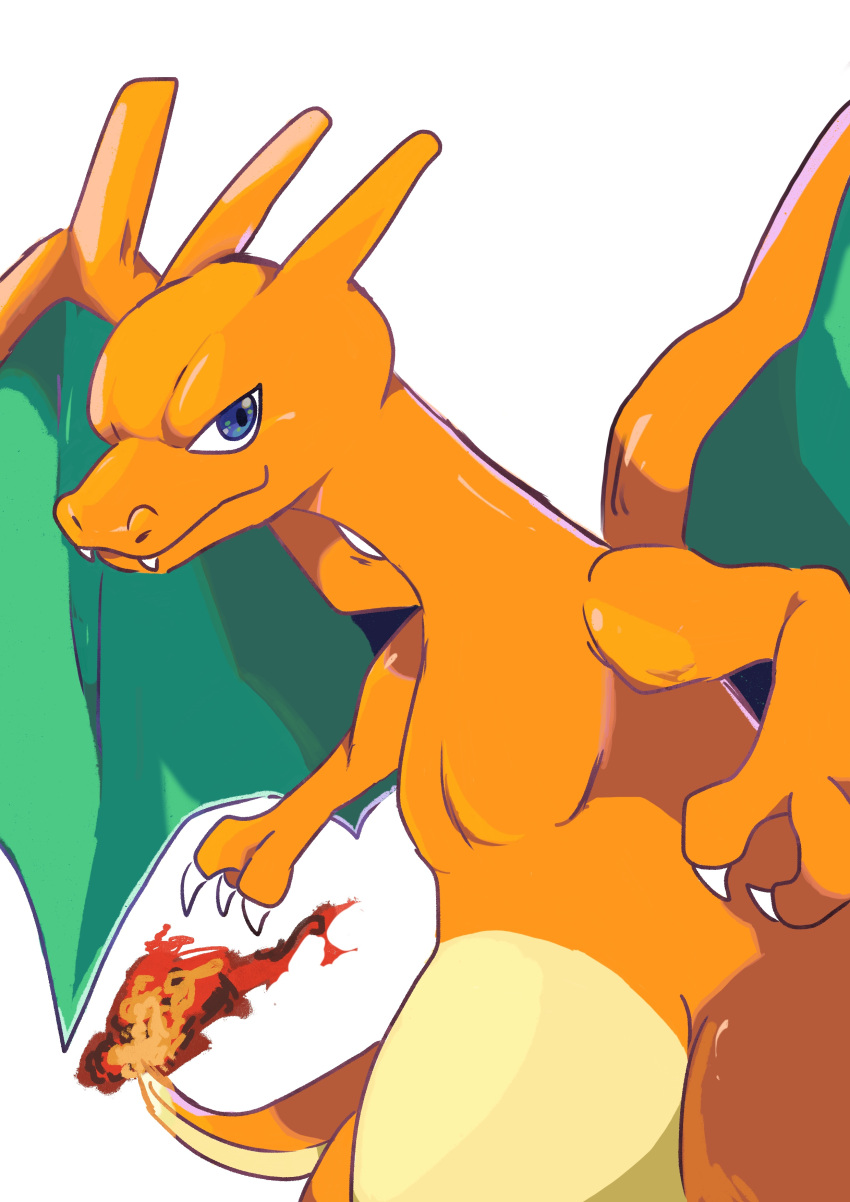 absurdres animal_focus bad_id bad_pixiv_id blue_eyes charizard claws closed_mouth dragon fangs fangs_out fire flame-tipped_tail hao_(pixiv_10705622) highres looking_at_viewer no_humans pokemon pokemon_(creature) simple_background solo standing white_background