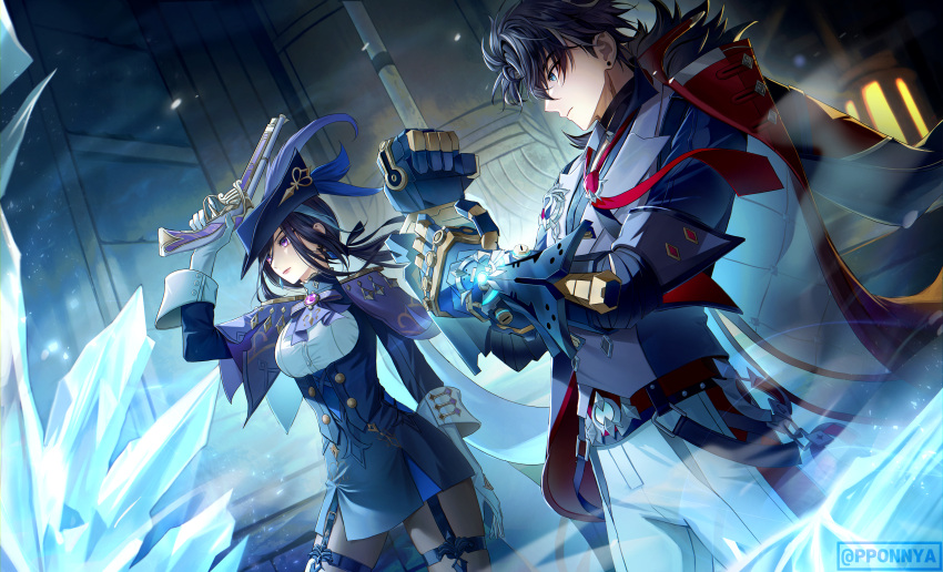 1boy 1girl absurdres ascot belt black_corset black_pantyhose blue_cape blue_hair blue_headwear breasts cape clorinde_(genshin_impact) coat coat_on_shoulders corset dark_blue_hair earrings epaulettes fold-over_gloves fur-trimmed_coat fur_trim genshin_impact gloves gun handgun hat hat_feather highres holding holding_gun holding_weapon ice indoors jewelry large_breasts loose_necktie multicolored_hair necktie pantyhose pponnya purple_ascot red_necktie streaked_hair stud_earrings thigh_strap tricorne two-sided_coat two-sided_fabric violet_eyes vision_(genshin_impact) weapon white_gloves wriothesley_(genshin_impact)