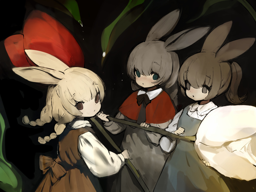 3girls animal_ears apron back_bow black_background blonde_hair blue_eyes bow braid brown_dress brown_eyes brown_hair capelet clenched_hand commentary dress empty_eyes flower grey_apron grey_dress highres looking_at_viewer medium_hair multiple_girls original oversized_flower parted_lips ponytail rabbit_ears rabbit_girl red_capelet red_eyes red_flower red_tulip shirokujira shirt short_hair simple_background sketch tulip twin_braids upper_body white_flower white_shirt white_tulip