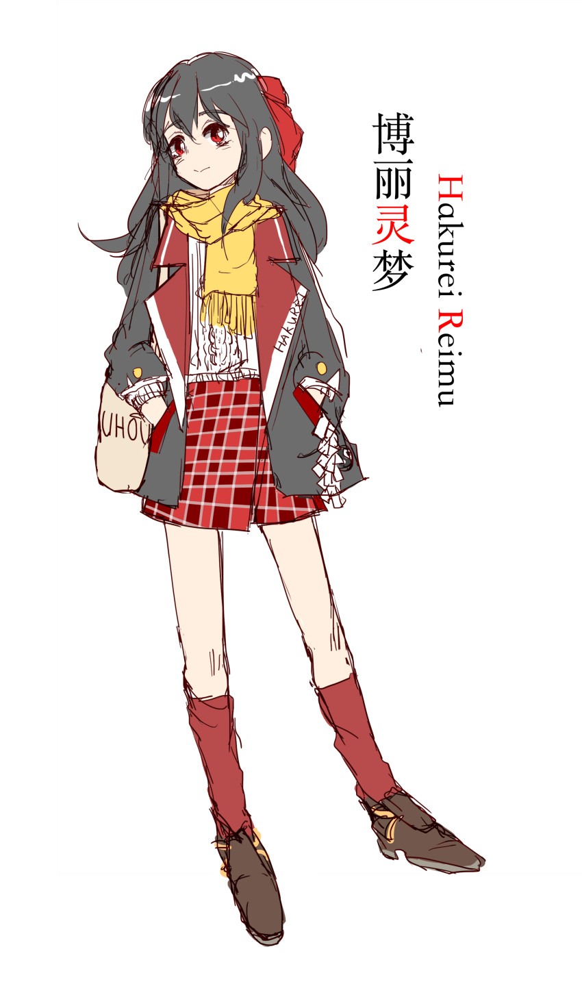 1girl absurdres alternate_costume bag black_hair black_jacket bow brown_bag brown_footwear casual character_name closed_mouth contemporary full_body hair_bow hakurei_reimu hands_in_pockets highres jacket kneehighs long_hair long_sleeves looking_at_viewer makihako_bunko red_bow red_skirt red_socks redhead scarf shirt shoes simple_background skirt socks solo standing tote_bag touhou white_background white_shirt yellow_scarf