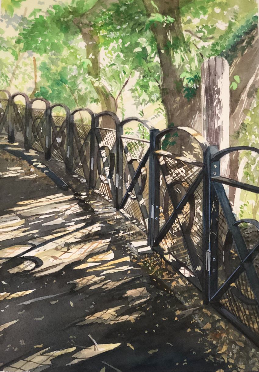 day fence highres iron_fence nature no_humans original outdoors painting_(medium) scenery shadow sunlight tlctm7h8wdwnthx traditional_media tree_shade watercolor_(medium)